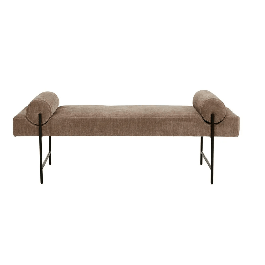 Front view of GlobeWest Axel Bench Seat in Soft Russet brown upholstery with black powder-coated metal legs and integrated bolster pillows as seen on the block