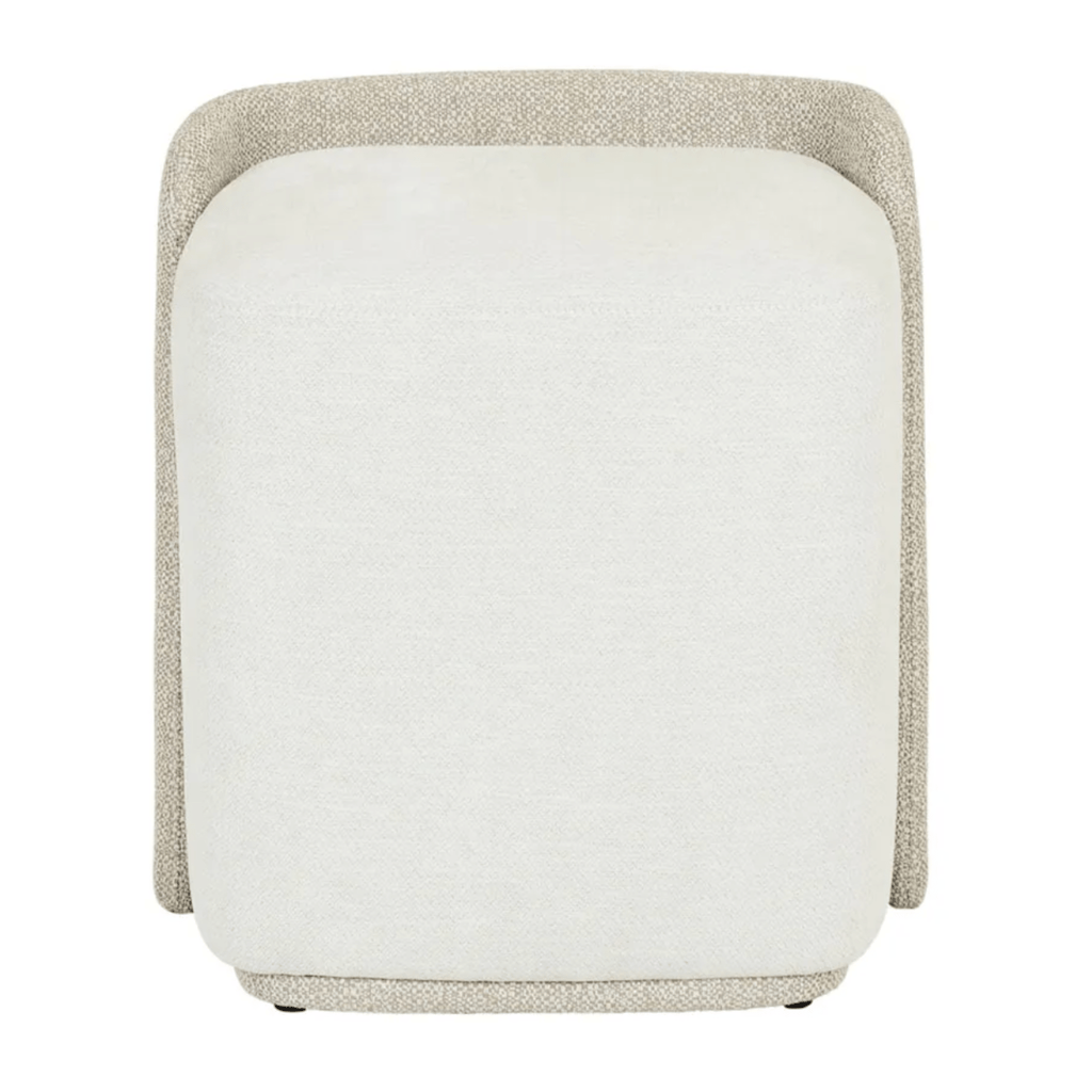 Stool with white cushioned seat and beige textured backrest on a white background