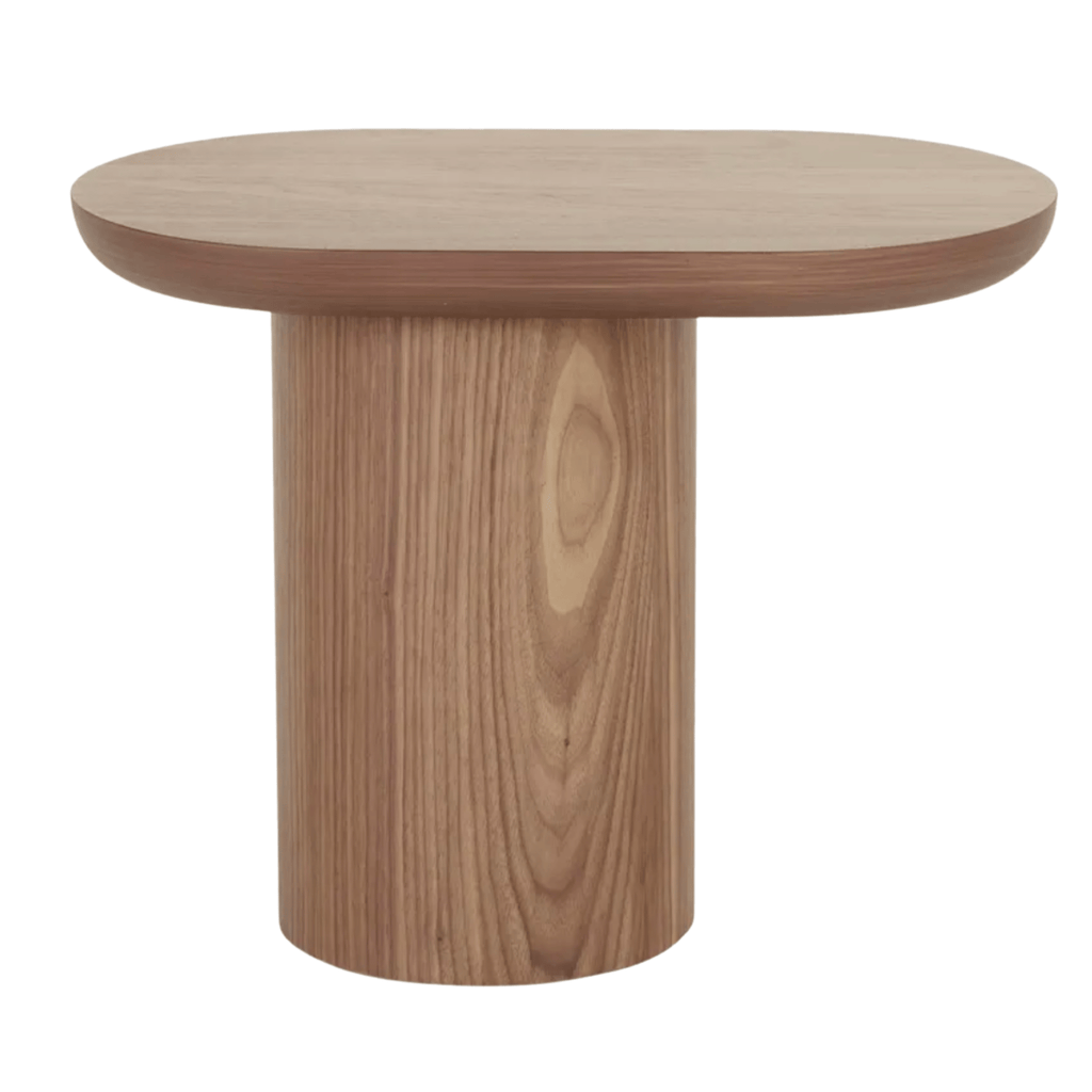 Seb Pedestal Side Table in walnut wood finish with curved base by globewest as seen on the block 2025