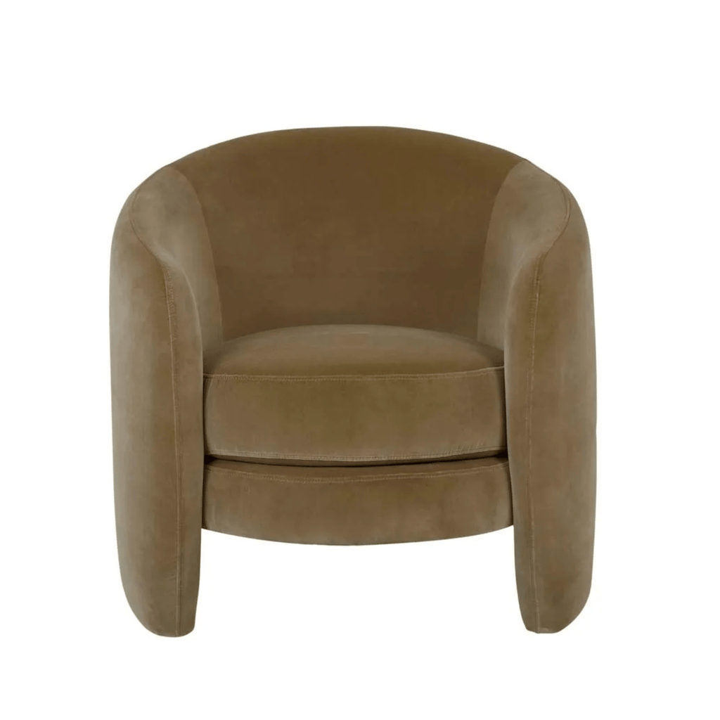 Front view of Kennedy Tenner occasional chair in soft moss velvet, featuring curved barrel back and modern upholstered form.