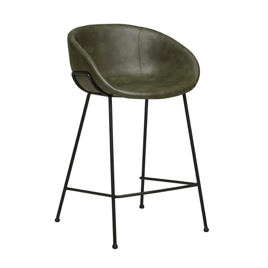 Duke Barstool with vintage matt green PU upholstery and black metal legs, featuring a sleek silhouette and modern industrial design.
