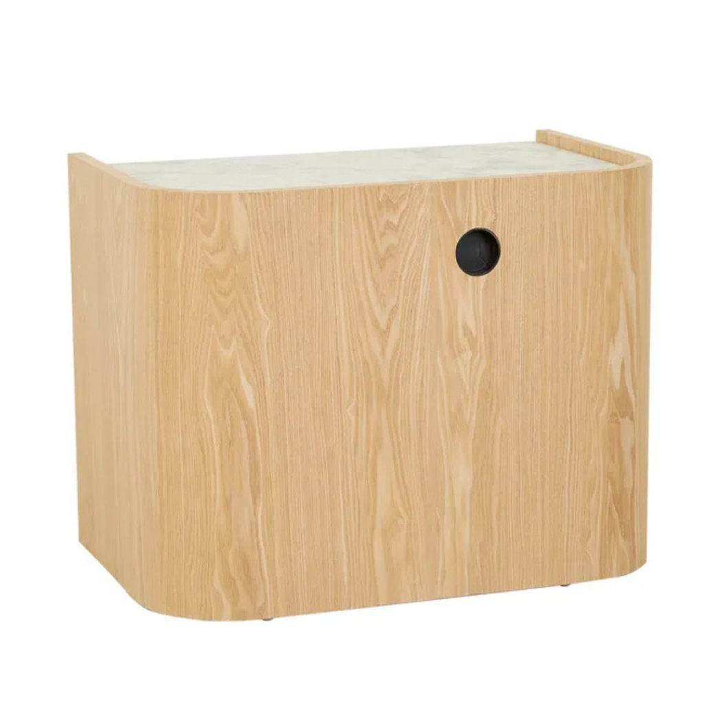 Two-drawer bedside table blending white marble and natural ash veneer, perfect for contemporary interior styling