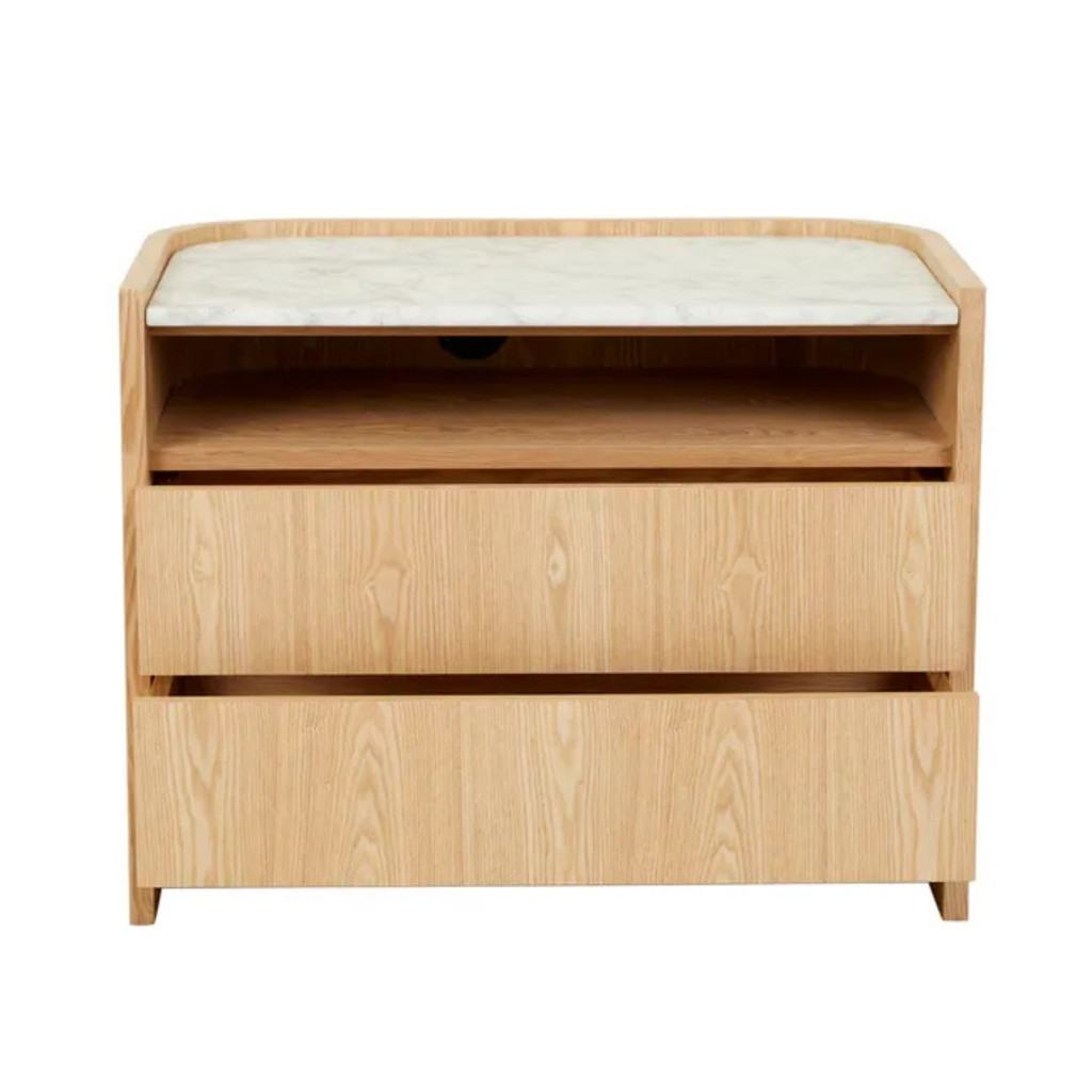 Elegant modern bedside with dual drawers, marble top, and ash veneer finish for a clean and refined bedroom look