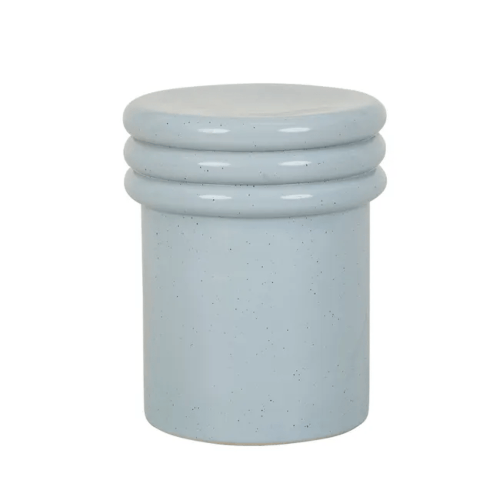GlobeWest Hanson Round Side Table / stool in Pale Blue ceramic asymmetrical accent