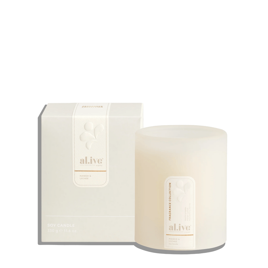 al.ive Body Soy Candle Mango & Lychee - Natural soy wax candle in white container