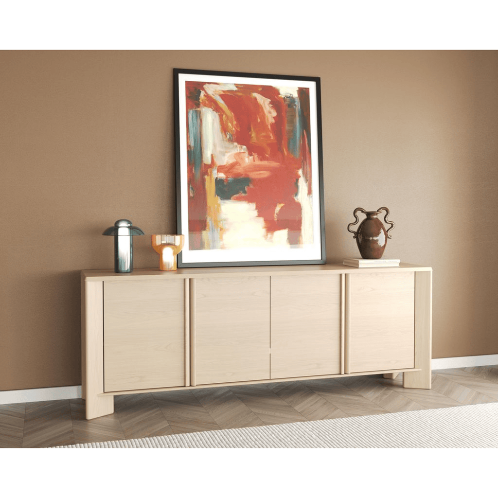 Styled Master Pacific Lenny Buffet in Oak Crema by Master Pacific, buffet sideboard with triangular legs and crema oak finish