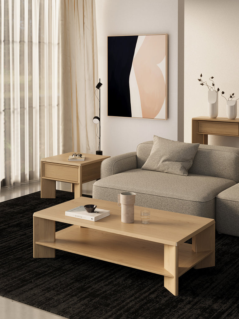 Styled image of Lenny Side Table Table 600mm square top oak crema.