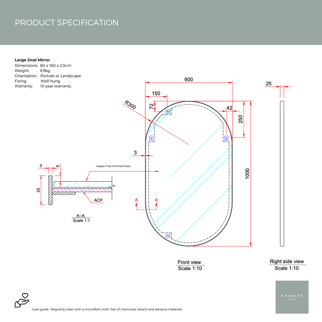 Product Spec Sheet - Studio Large Oval Mirror, White