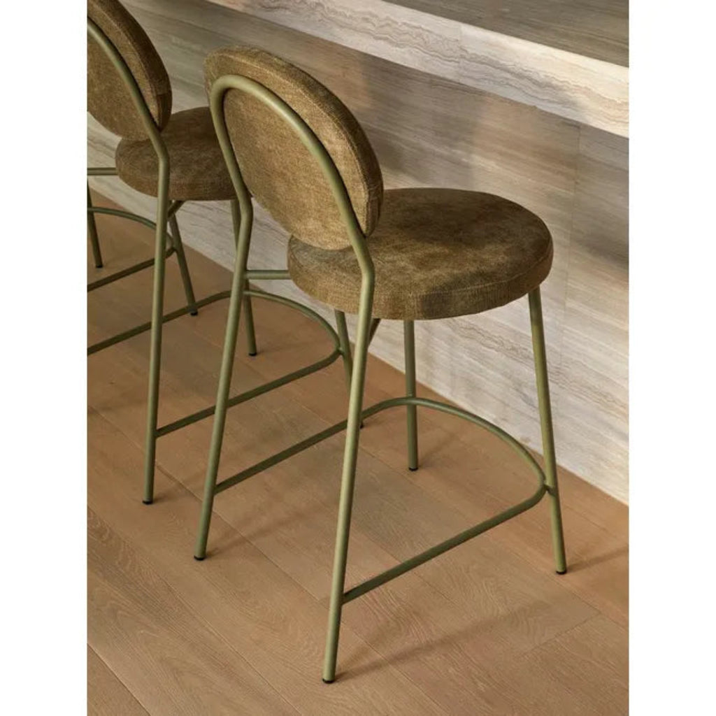 GlobeWest Laylah Loop Barstool, Copeland Olive & Matt Green, upholstered bar seating with sleek metal base