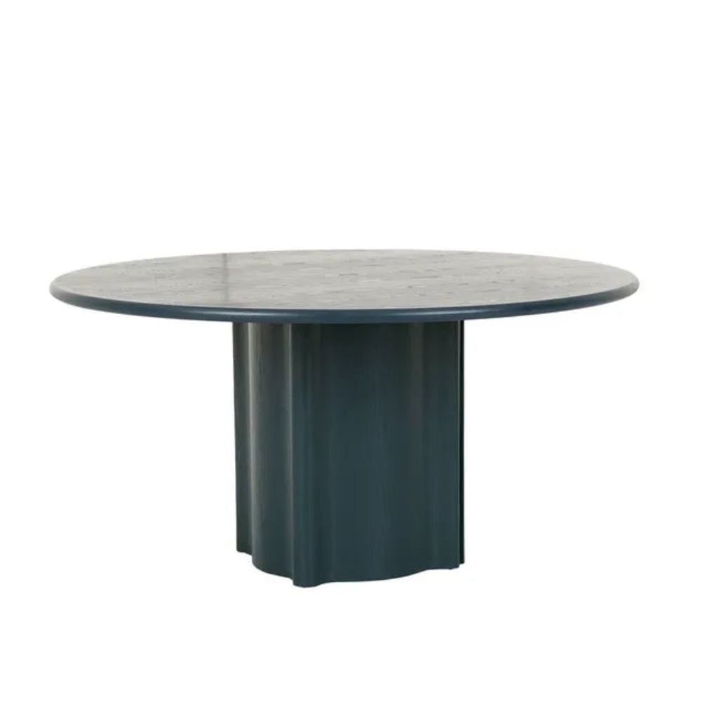 GlobeWest Leon Round Dining Table, Teal painted ash veneer & fluted column leg design