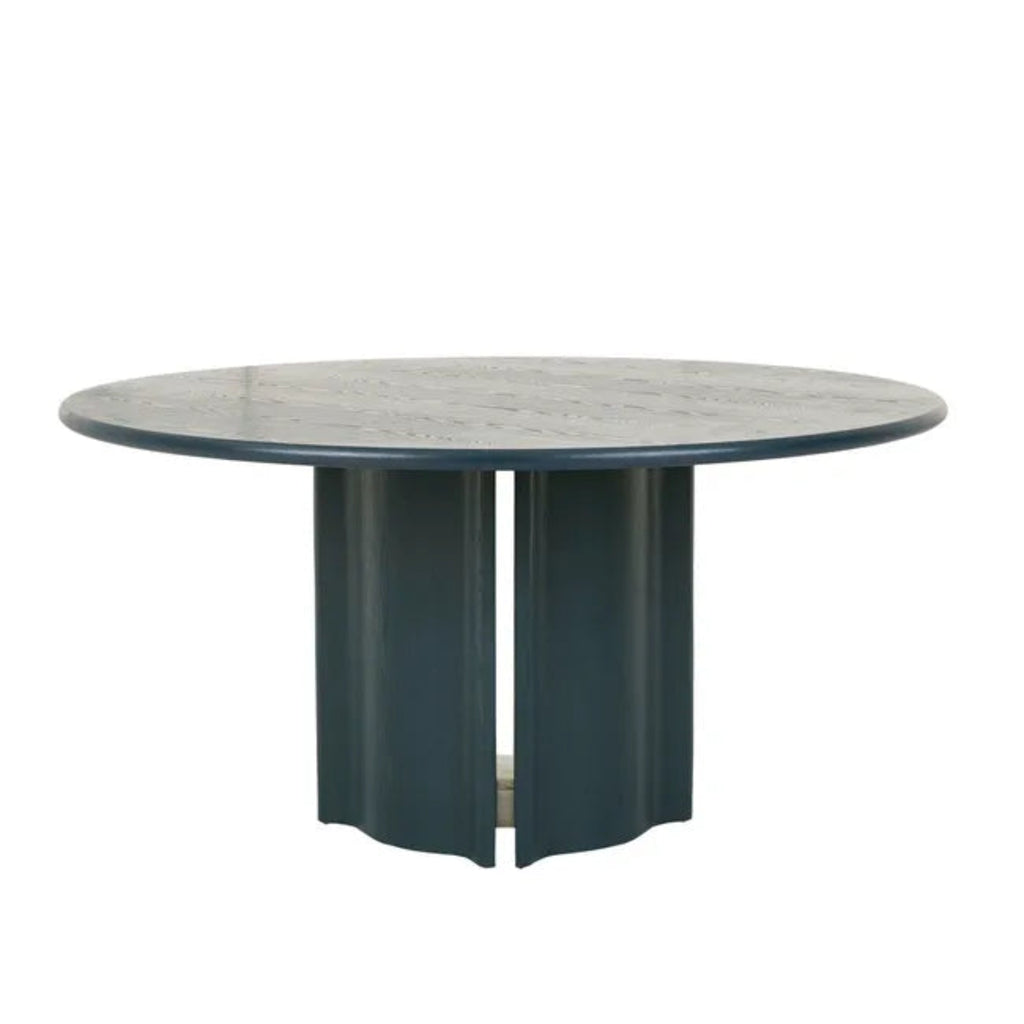 GlobeWest Leon Round Dining Table in Teal — bold coloured round dining table with sculptural support.