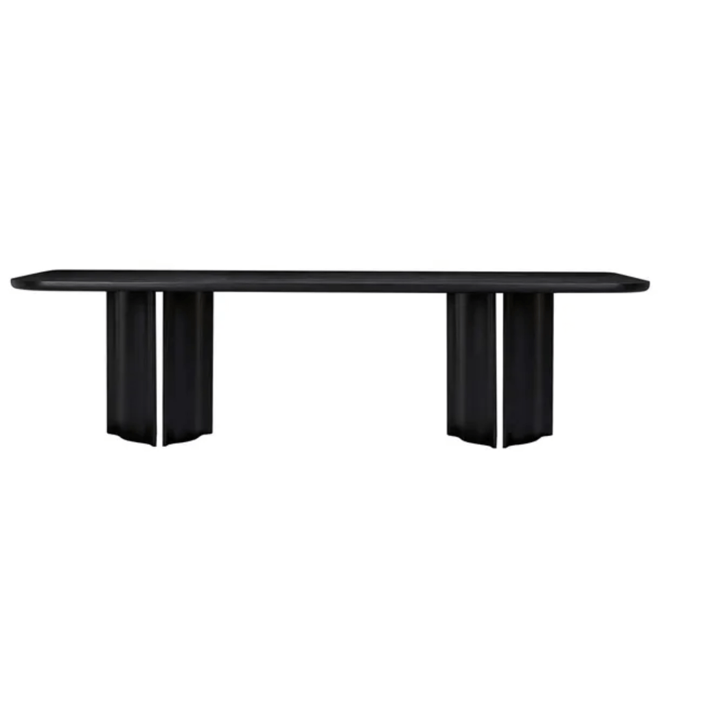 Elegant matt-black wood dining surface paired with oversized, grooved column legs, offering a blend of contemporary and sculptural design.