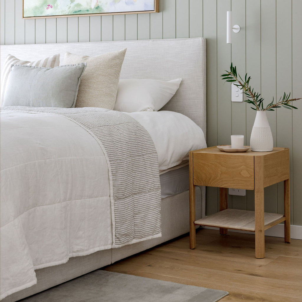 Brooklyn bed,with coco linen bed cover in white and stipe by Granite Lane