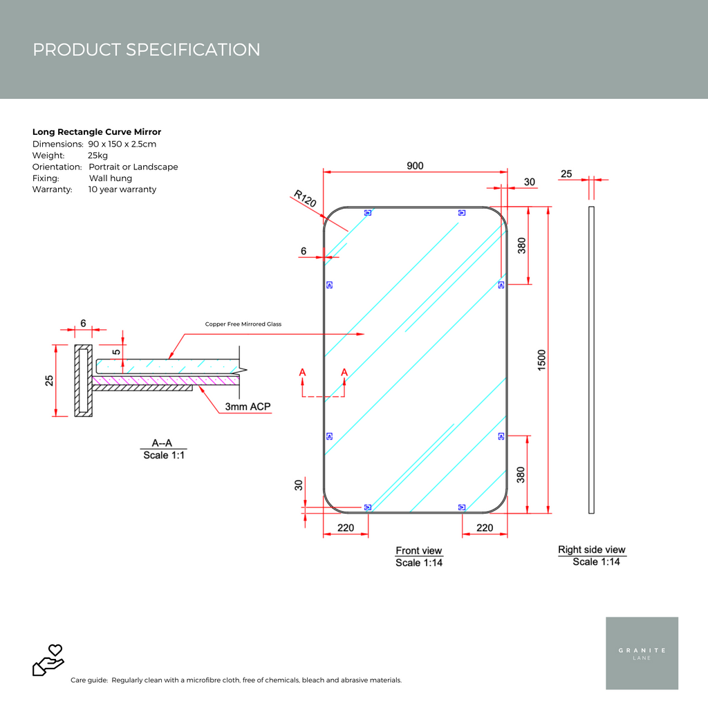 Product Spec Sheet - Studio Long Rectangle Curve Mirror - White