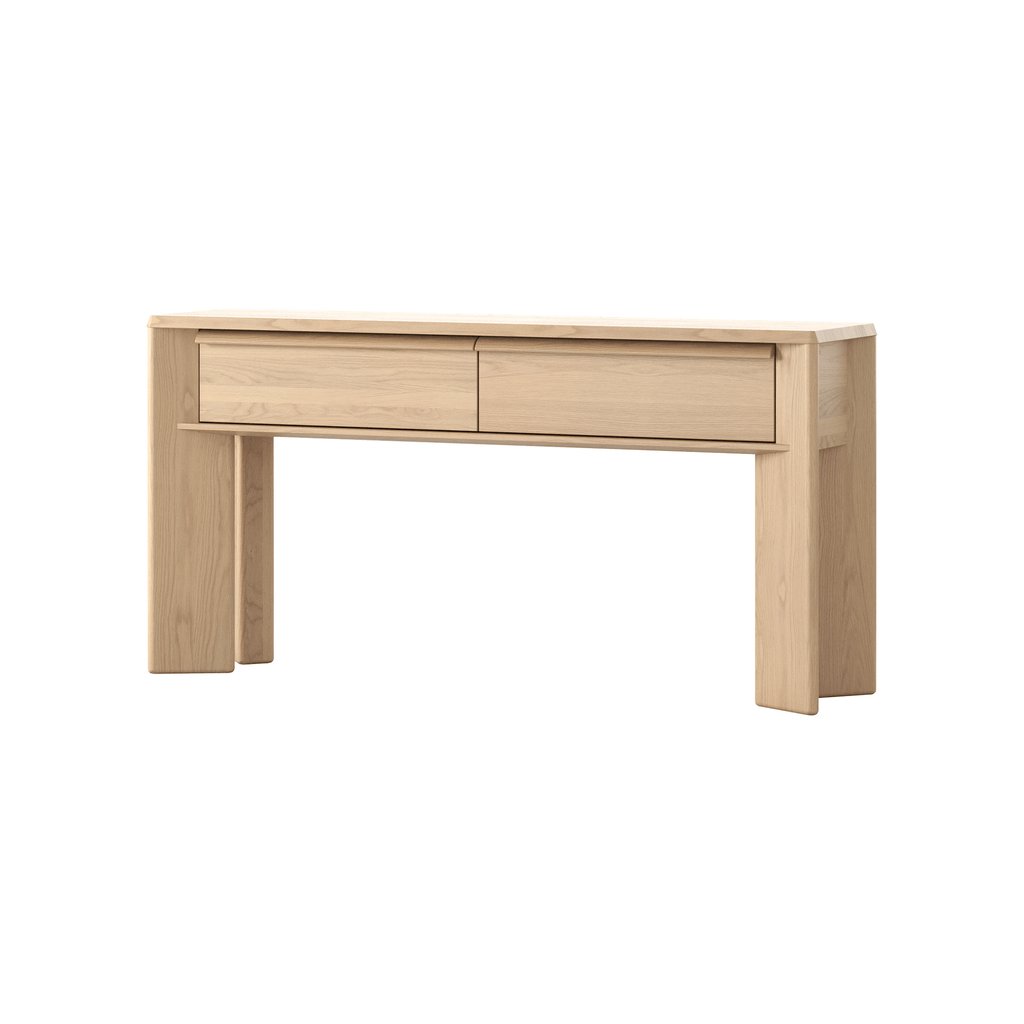 product shot of Lenny console table in solid oak whitewash finish with sculptural triangular legs