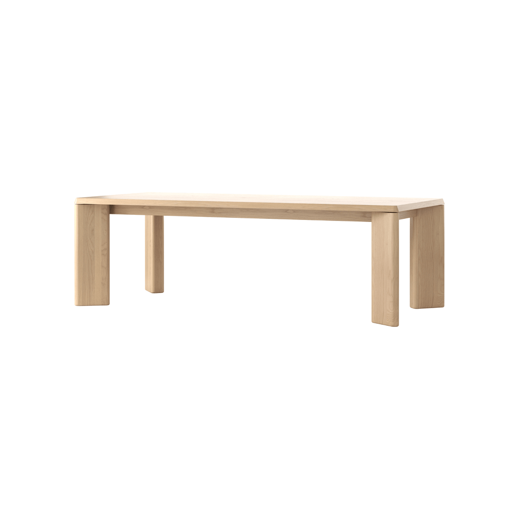 Lenny Dining Table 2400 mm oak crema sculptural legs soft chamfer edge.