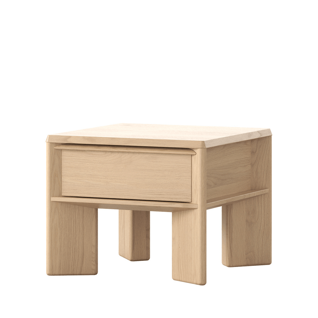 Lenny Side Table oak crema finish with drawer and sculpted legs.