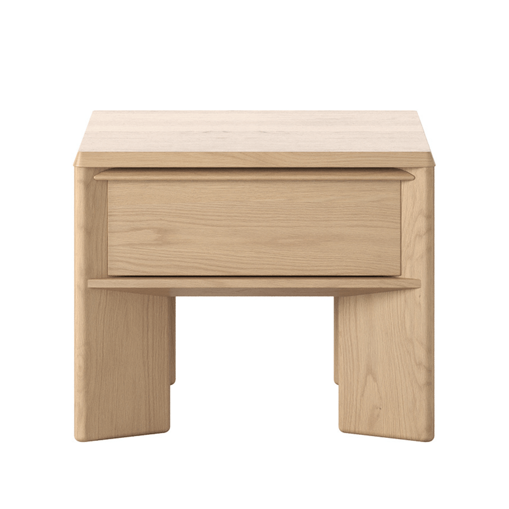Lenny modern oak side table with self‑closing drawer and matte crema surface