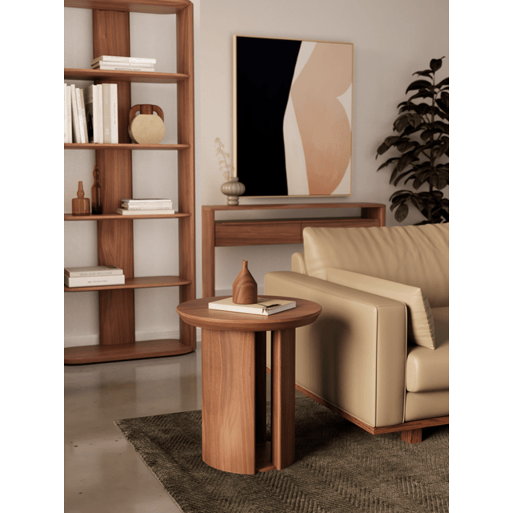 Side table Meko Walnut Natural, walnut timber with soft almond-shaped top and floating pedestal base.