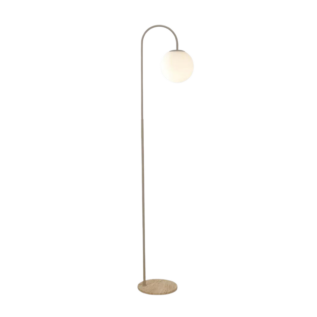The Mintu Floor lamp features a beautiful travertine base, taupe riser and frosted glass bulb. Also comes as a desk lamp.