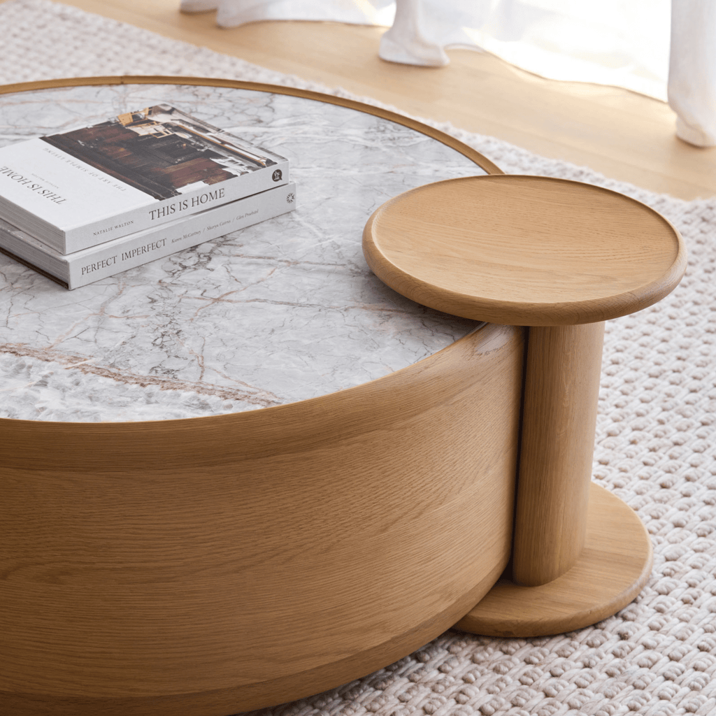 Compact round MIA Side Table in solid American oak.