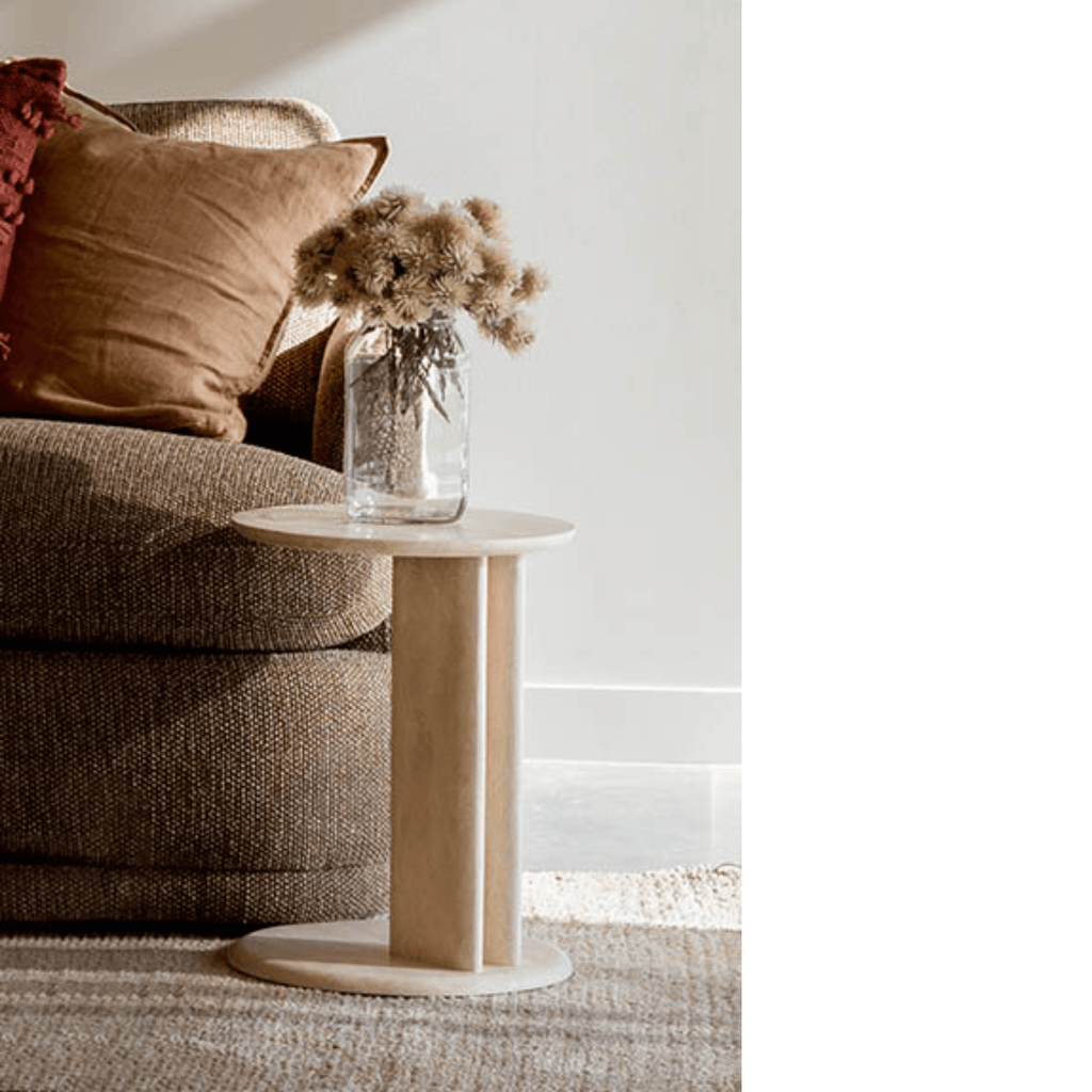 Styled Roquette Side Table white travertine stone round compact table