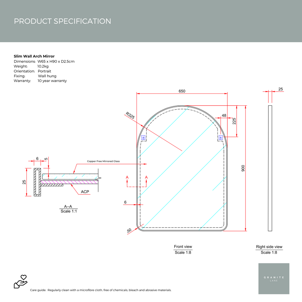 Product Spec Sheet Studio Slim Wall Arch Mirror, Brass