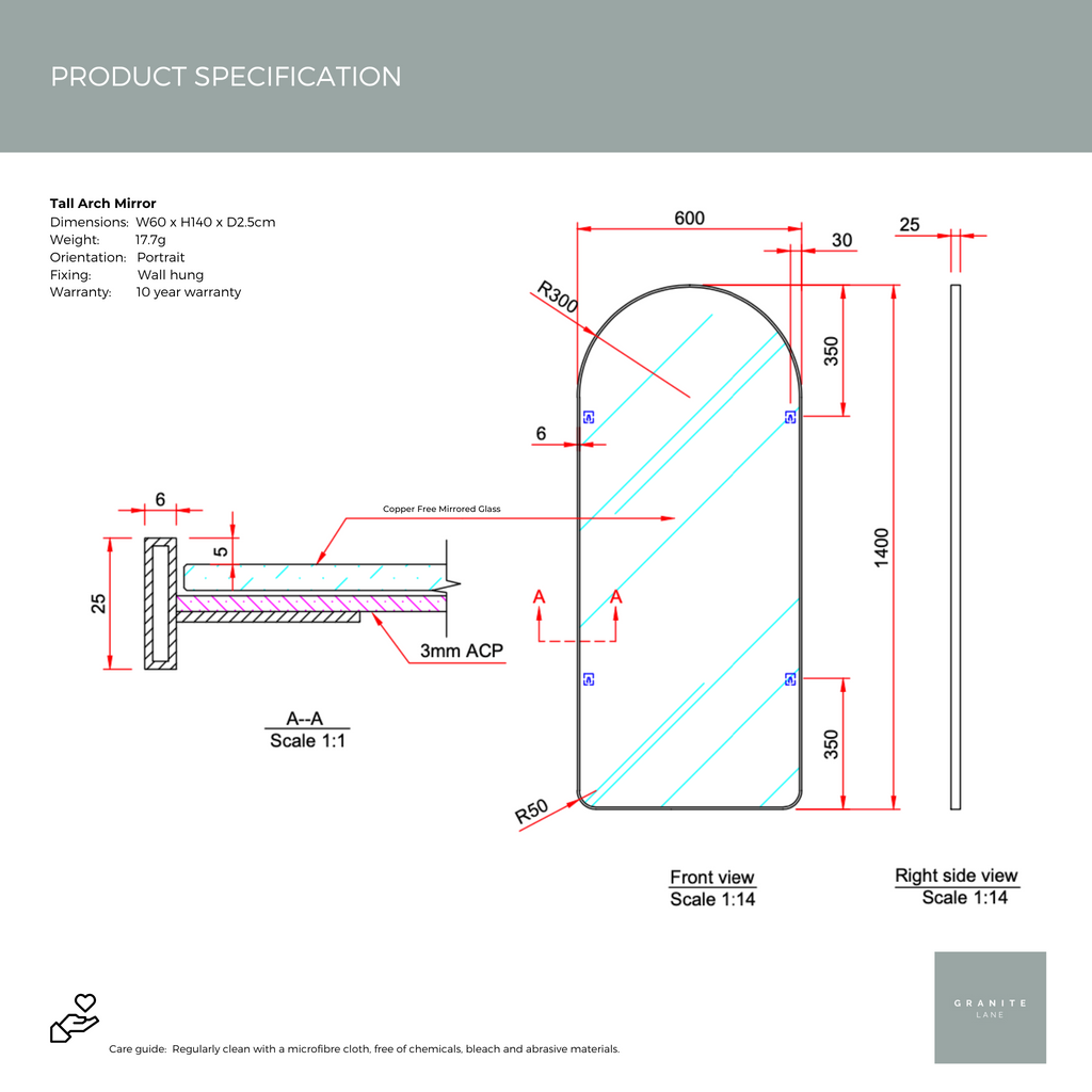 Studio Tall Arch Mirror, White - Product Spec Sheet
