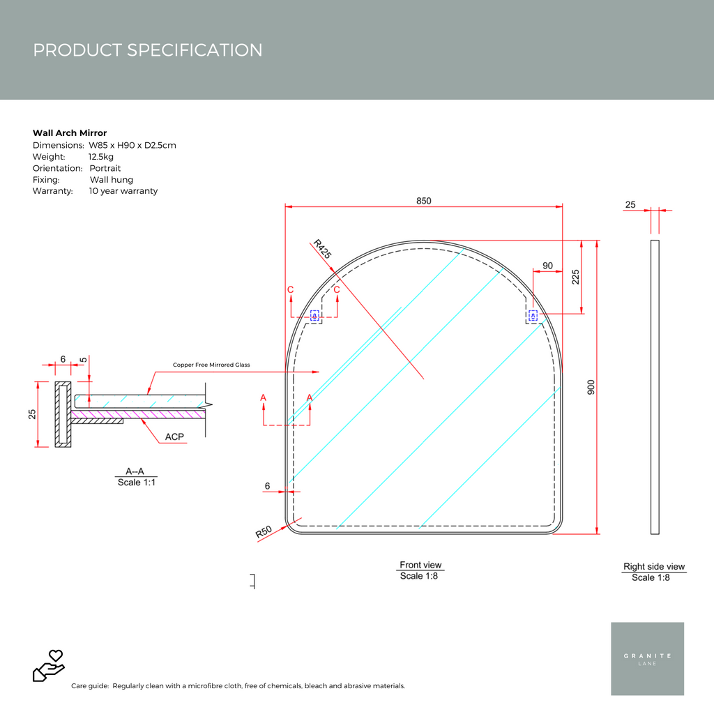 Product Specification for Studio Wall Arch Mirror, Black