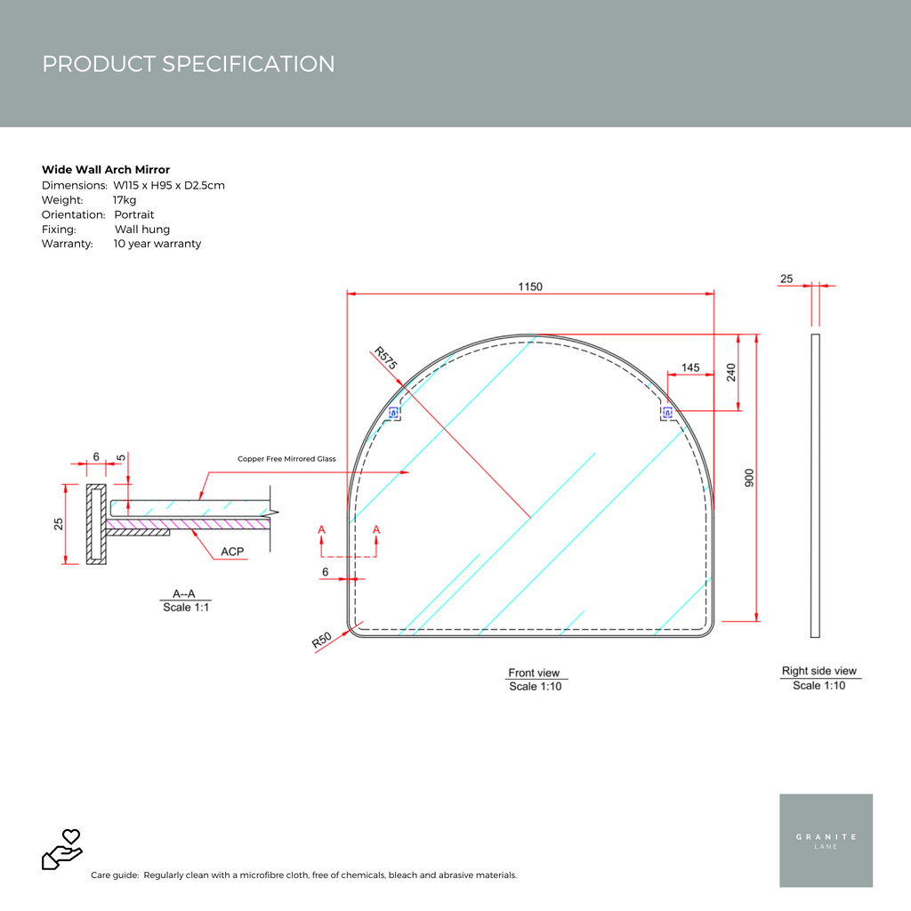 Product Spec Sheet wide arch mirror