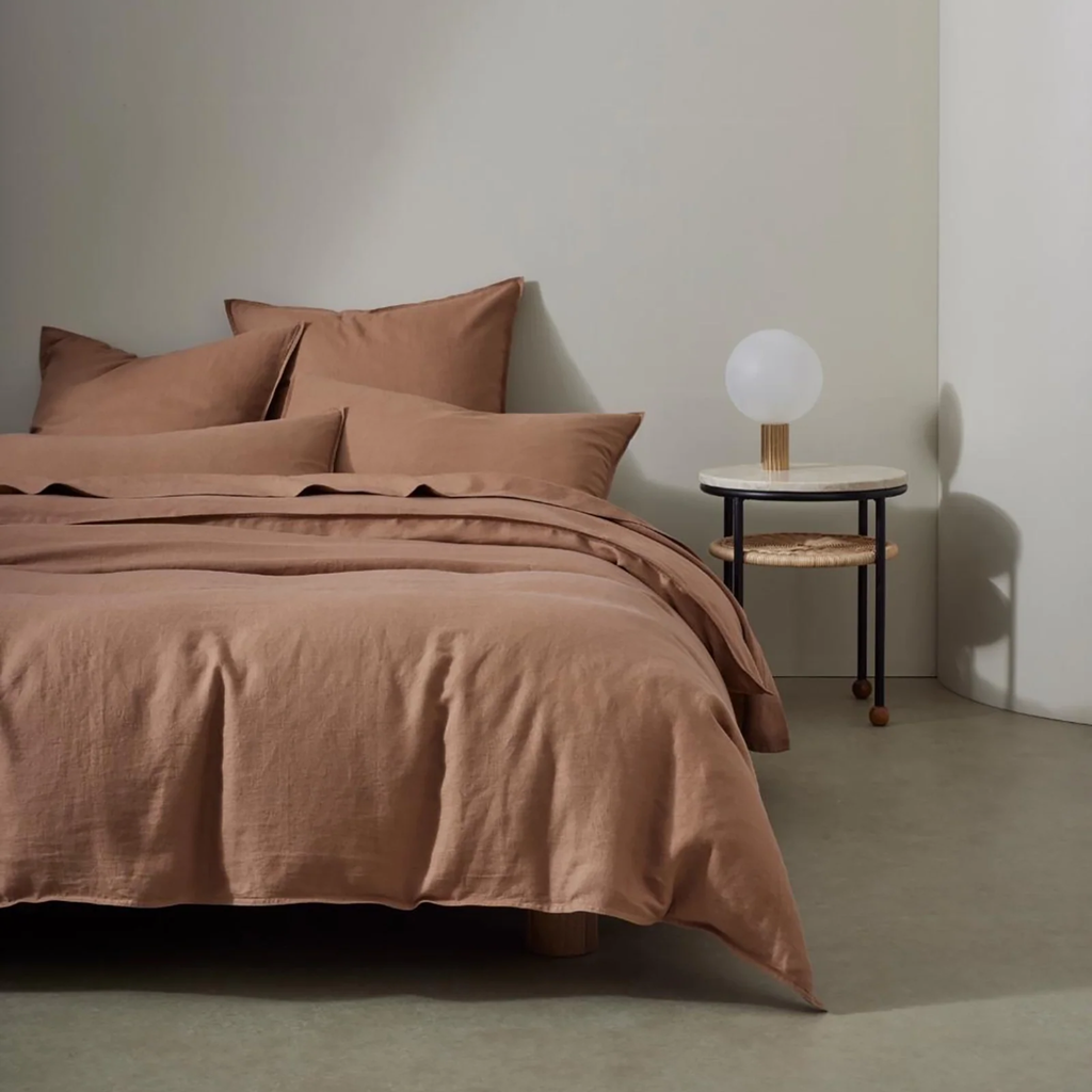 Weave Home Ravello Fitted Sheet in dusty rose biscuit colour.