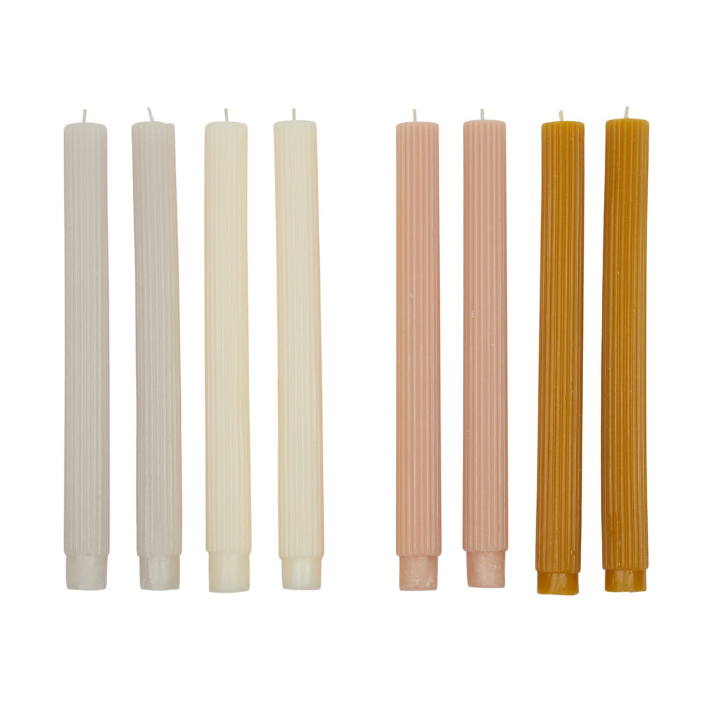 Ribbed pillar candles set of 4 in light tones - textured decorative candles 25cm tall for home ambiance and dining