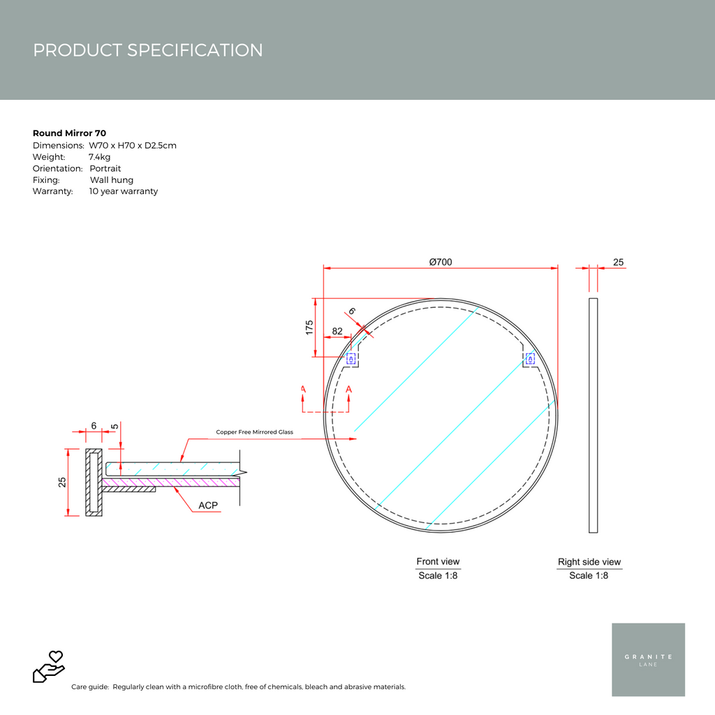 Product Spec Sheet - Studio Round Mirror, Black - 70cm