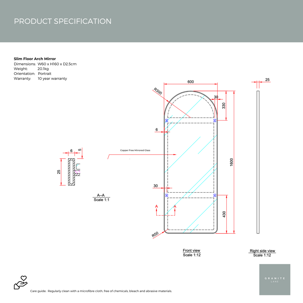 Specification Sheet for Studio Arch Floor Mirror - Slim, White