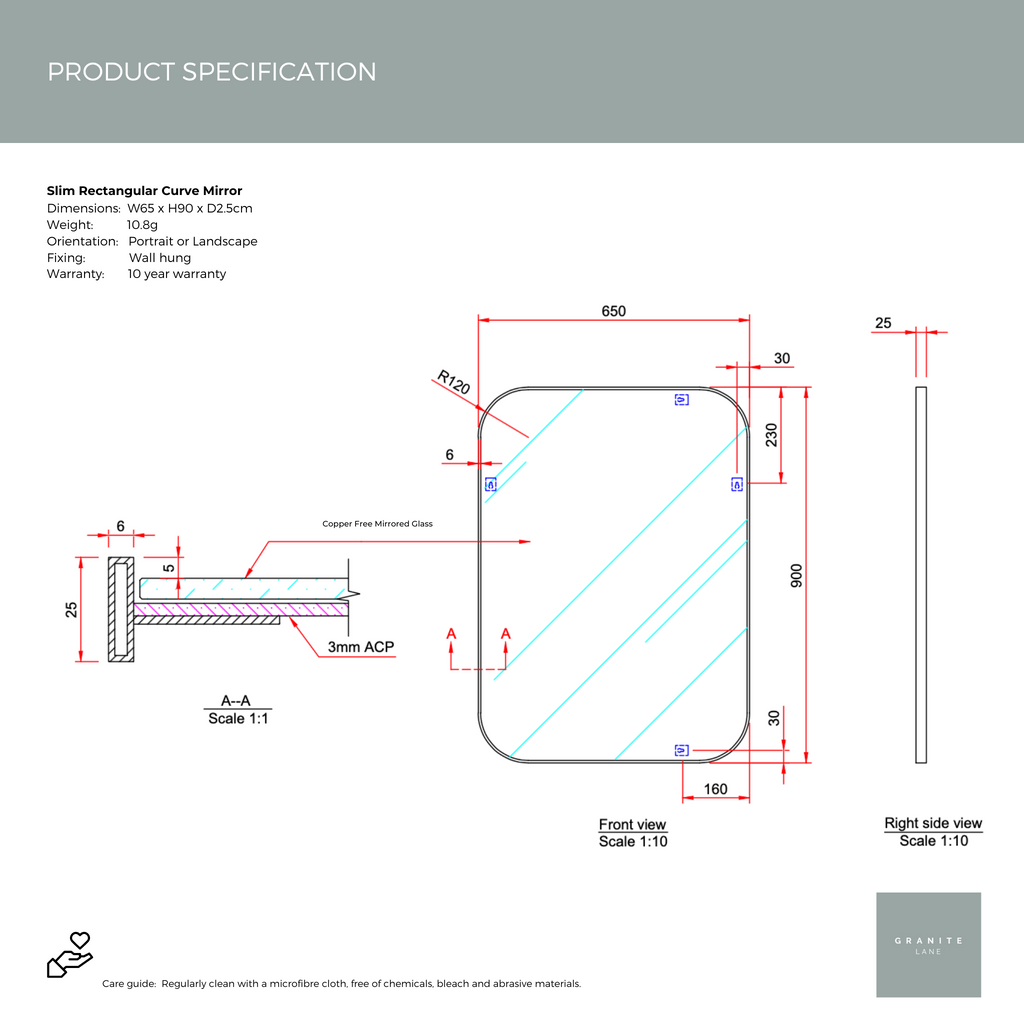 Product Spec Sheet for Studio Slim Rectangle Curve Mirror - Brass