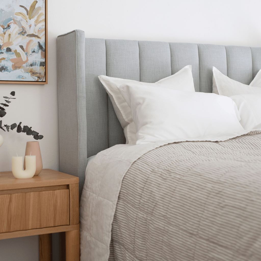 Made in Perth, custom panel bed in warwick fabric