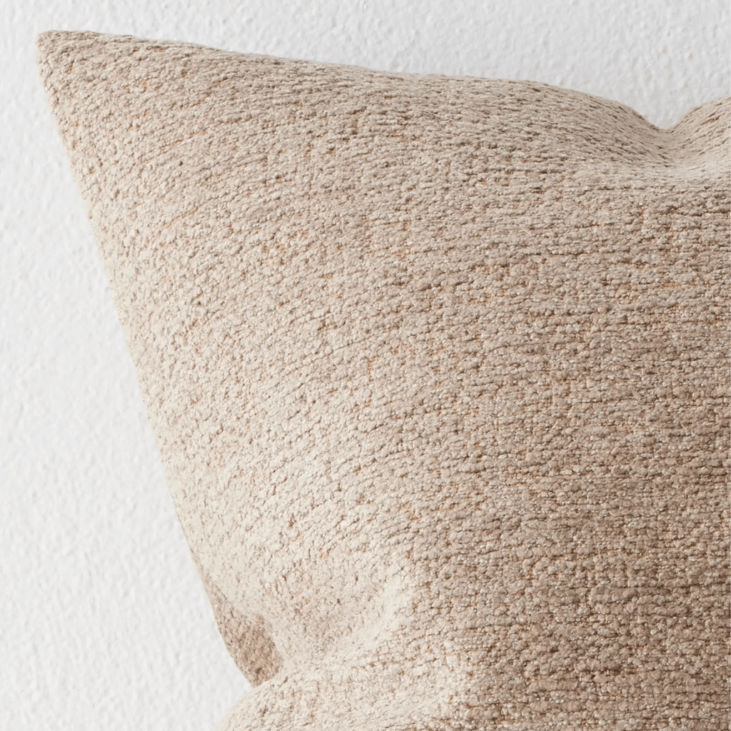 Close-up of Laurent Cushion in Chai showing woven chenille and dry yarn fabric with subtle sheen
