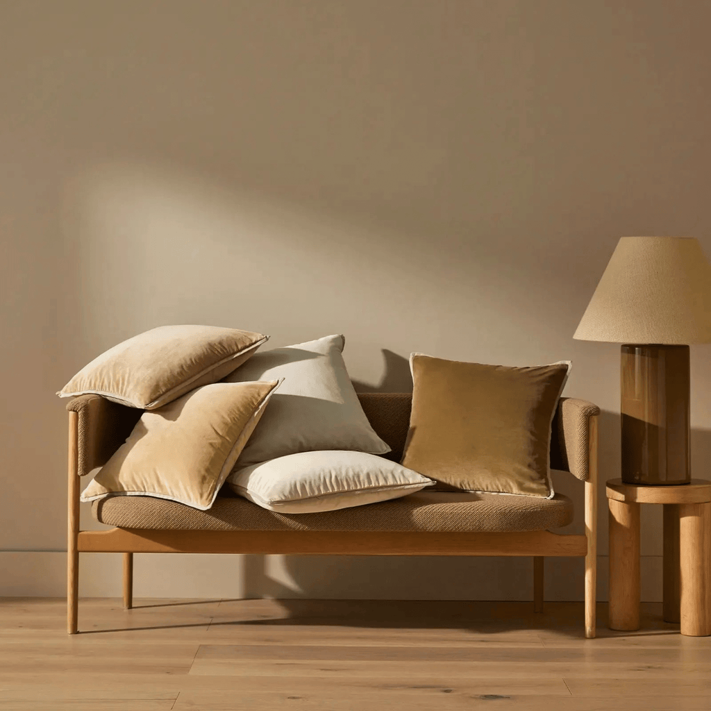 Stack of Francesca velvet cushions in Olive by Weave Home, showing luxurious texture and soft earthy brown tones