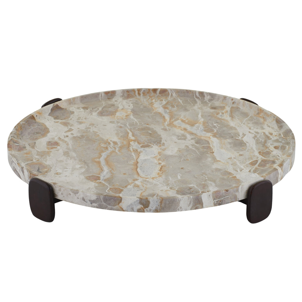 Xena marble wood footed tray 41x6cm in taupe - elegant decorative serving tray with natural marble and wood construction