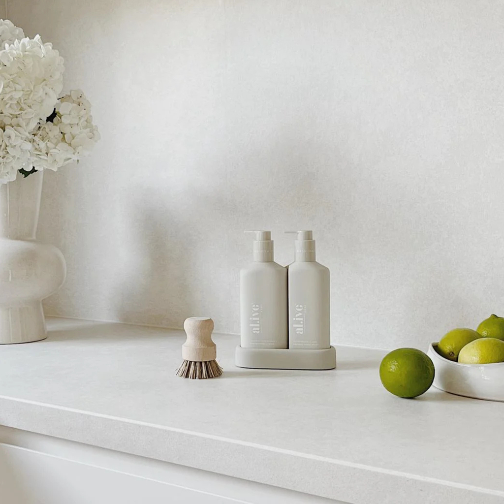 White kitchen counter with cleaning products, a brush, and fruits on a light background