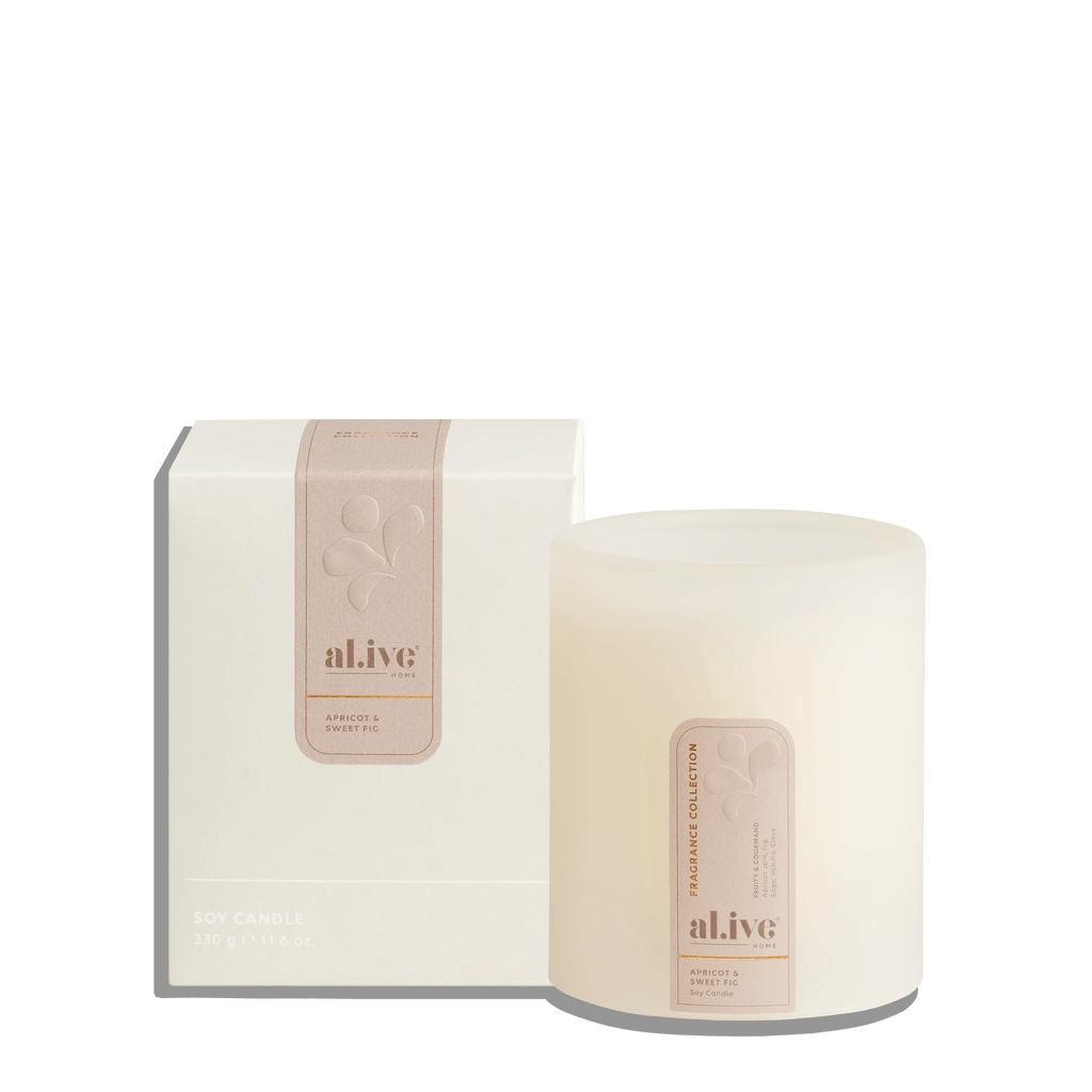 al.ive Body Soy Candle Apricot & Sweet Fig - Natural soy wax candle in white container