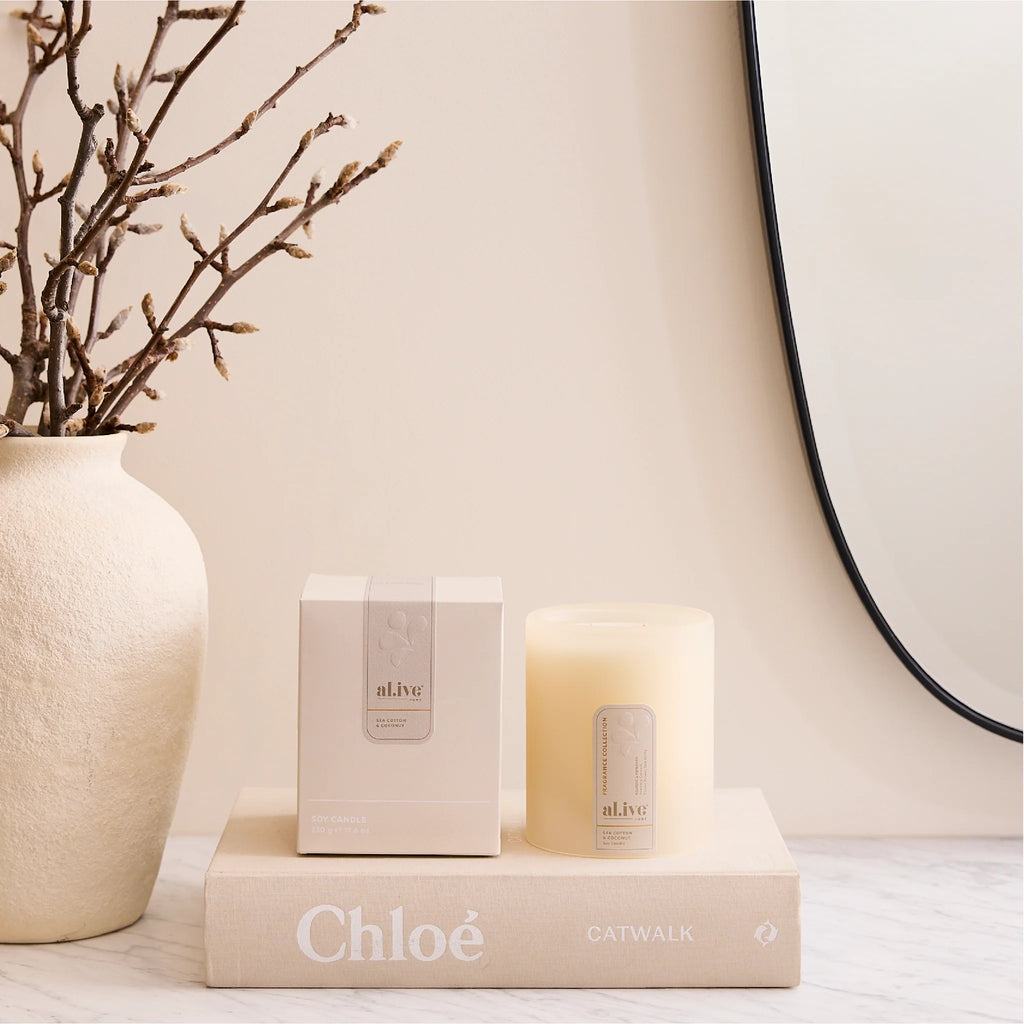 al.ive Body Soy Candle Sea Cotton & Coconut - view of coastal scented candle