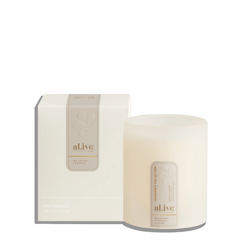 al.ive Body Soy Candle Sea Cotton & Coconut - Natural soy wax candle in white container.