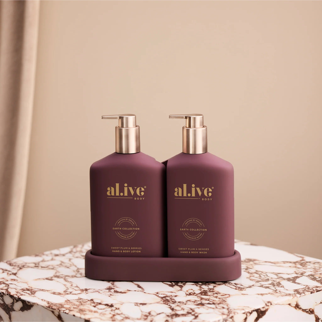 Alive wash and lotion duo in sweet plum and berries with limited edition gold pump.