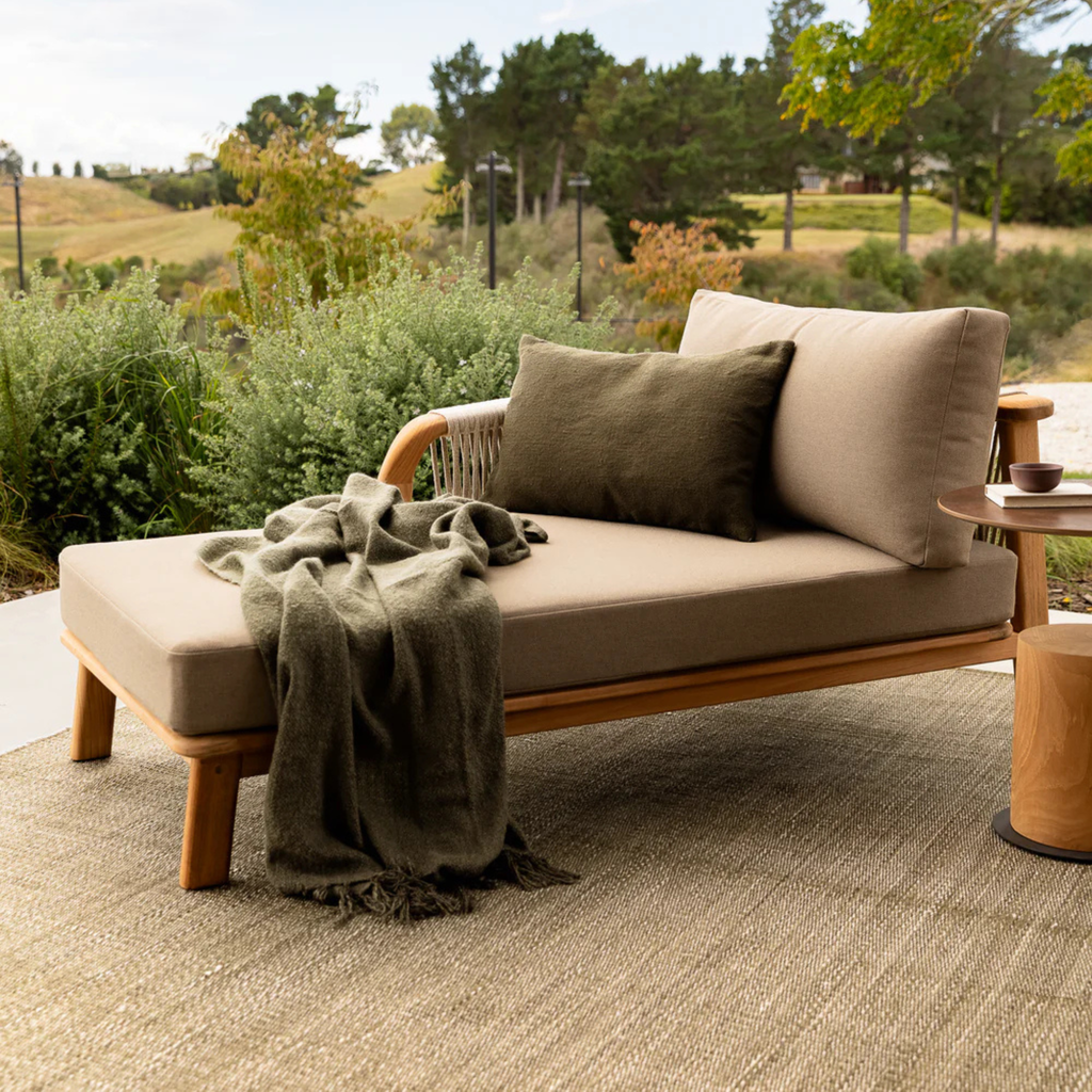 Clipper Cushion Mangrove by Baya styled on outdoor lounger with earthy modern tone