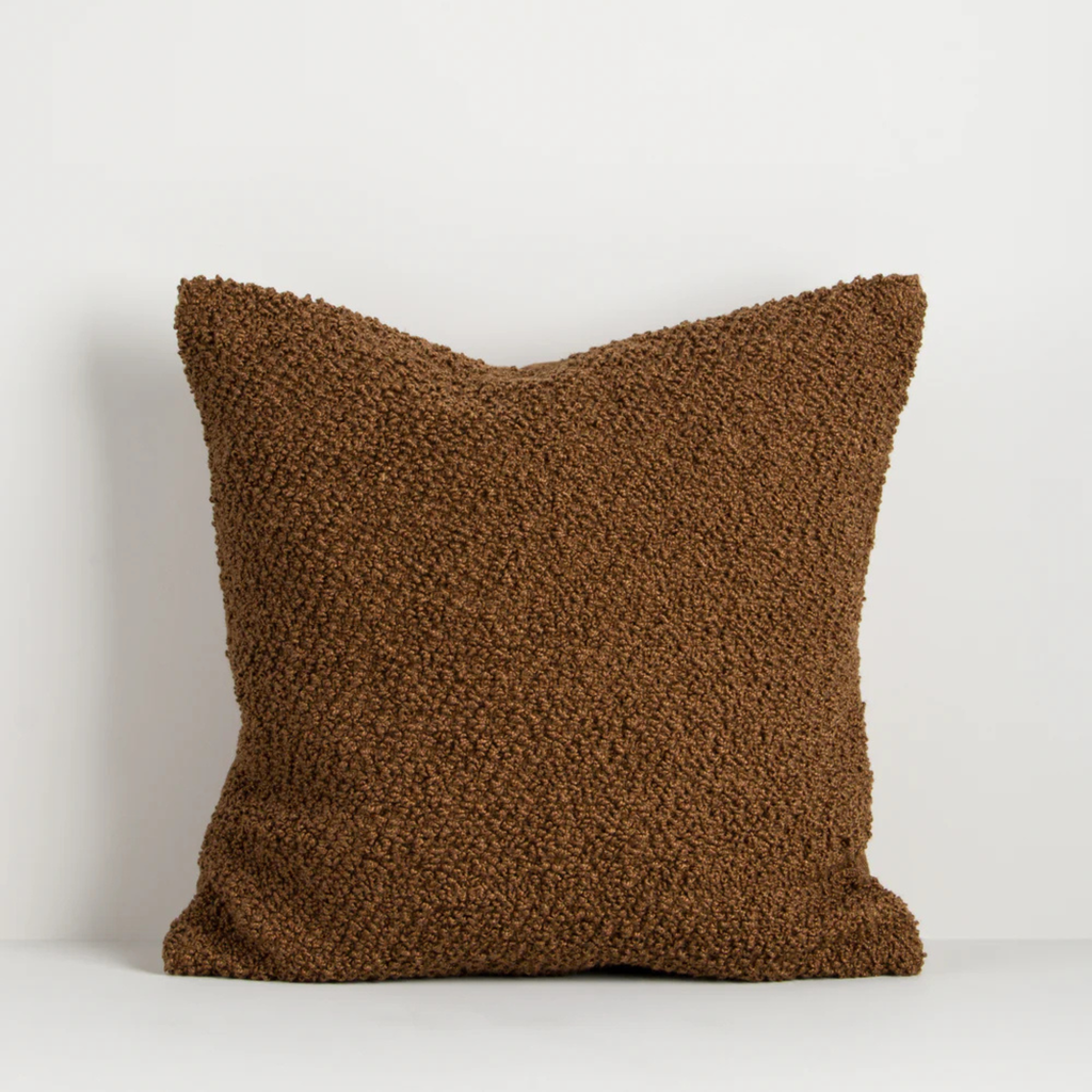Piper Cushion in Tobacco by Baya front view showing textured bouclé weave and warm earthy tone