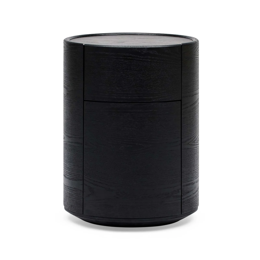 Finn Round Bedside black ash — nightstand with woodgrain finish