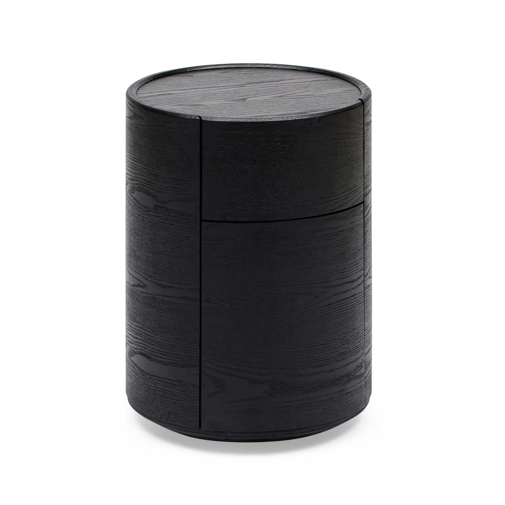 Finn Round Bedside black ash — minimalist black bedside table with twin drawers, soft-close mechanism