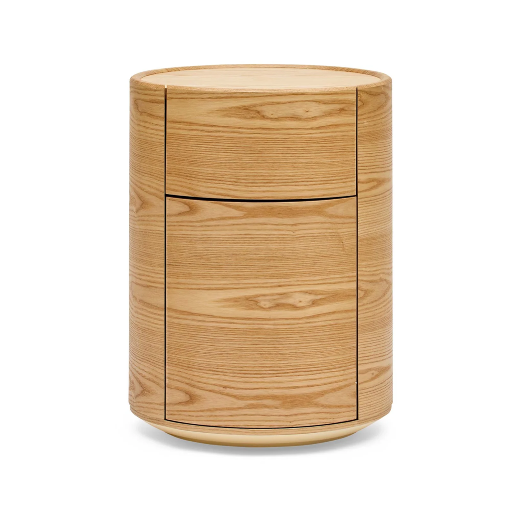 Finn Round Bedside table in natural finish — modern oval-shaped timber bedside with two soft-close drawers