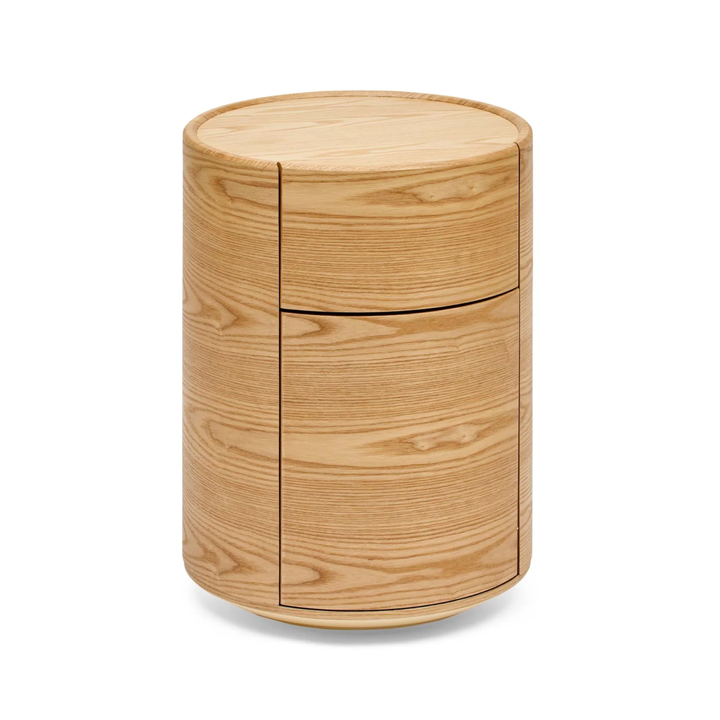 Finn round Bedside natural ash — contemporary bedside table front view with wood grain and oval edges